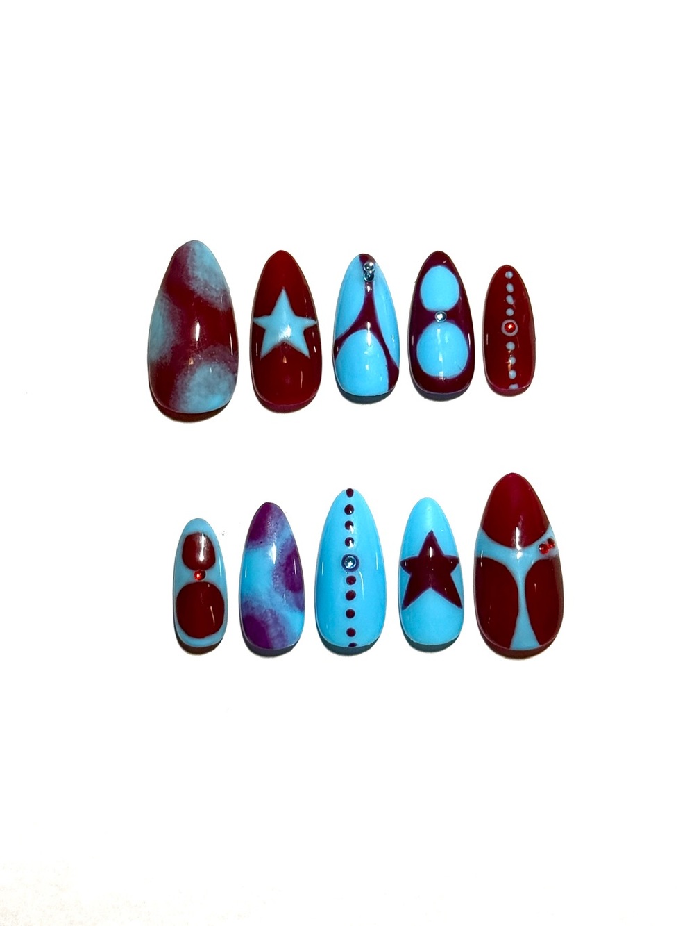 Blue and Maroon Abstract Handpainted Press On Nails Medium Almond